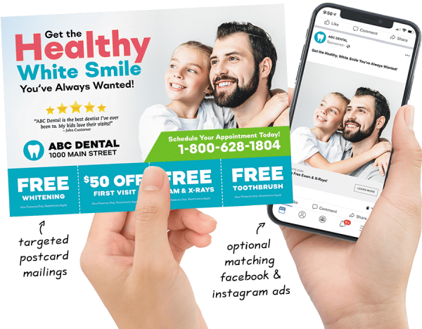 Example direct mail postcard and matching Facebook and Instagram ad for a print marketing campaign