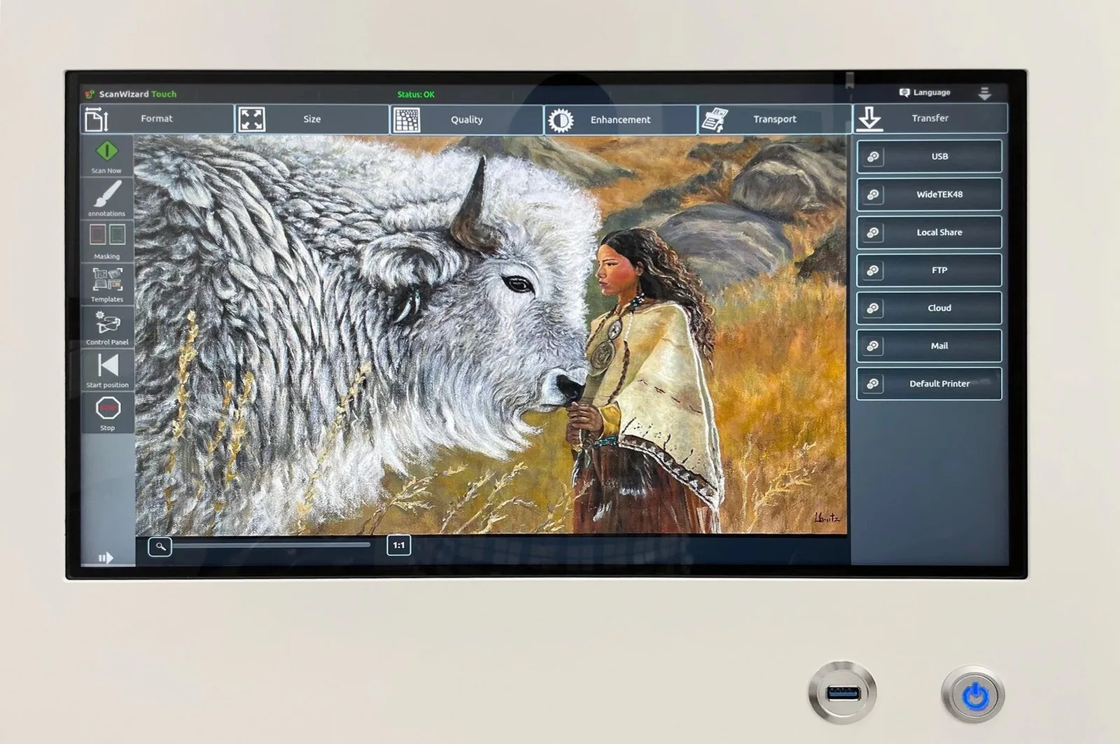 Original oil painting being digitized on the WideTEK 60ART-800 scanner at Super Printers